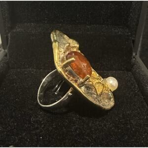 Size 7.5 Ring With Amber, Pearl, Gold Inlay And Garnets.